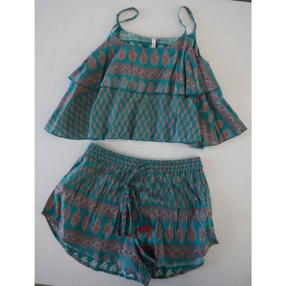RAGA Women's Sz 2 (S) Green Paisley Avah Strappy Crop Tier Tank Top & Shorts Set - Picture 1 of 7